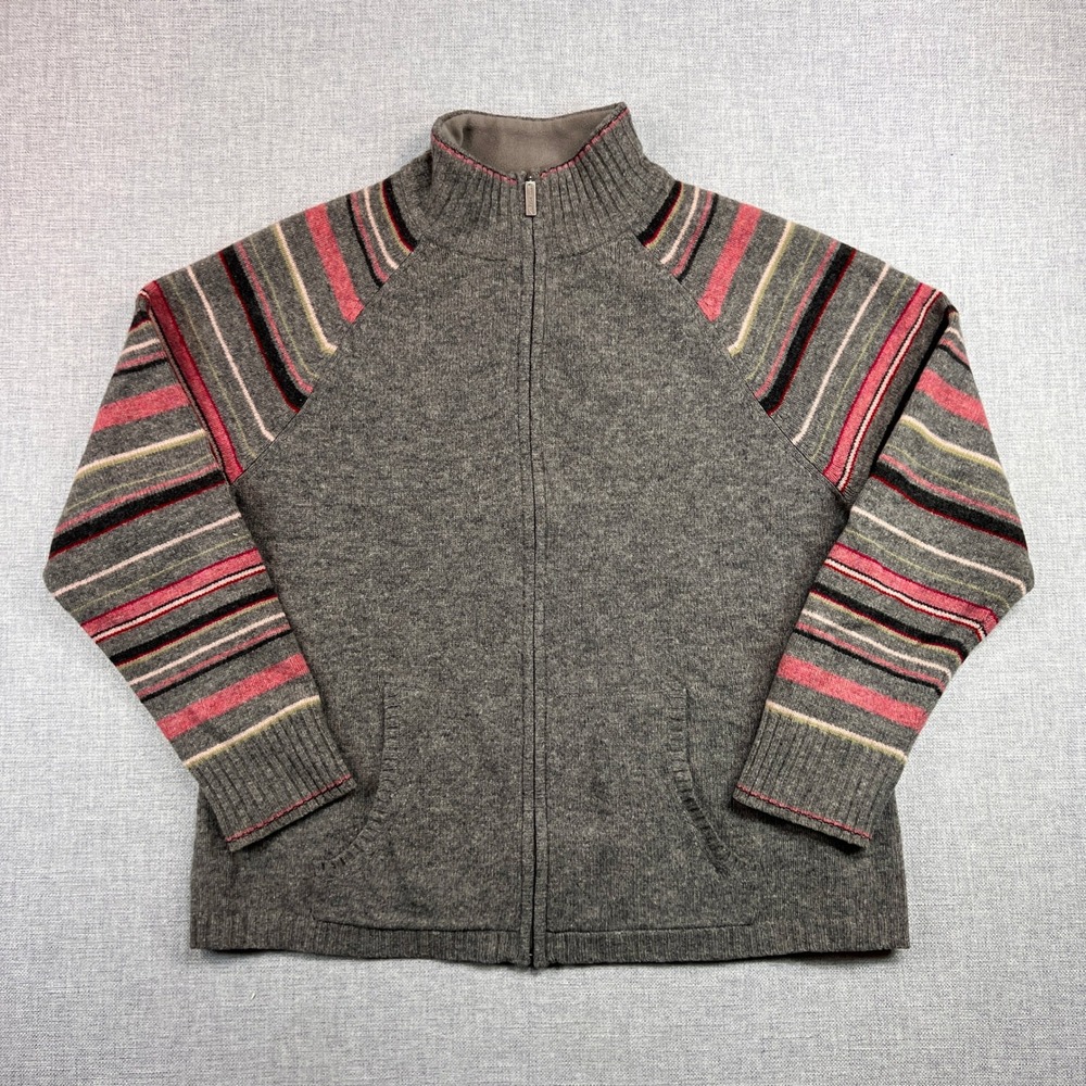 VTG Eddie Bauer Lambswool Zip Sweater Jacket Women XL Gray Striped Cottage Ski